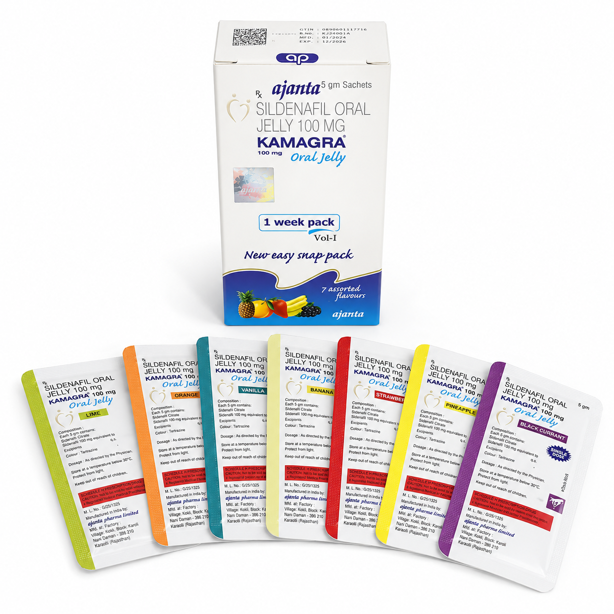 Confezione Kamagra Oral Jelly 100 mg con sette bustine assortite